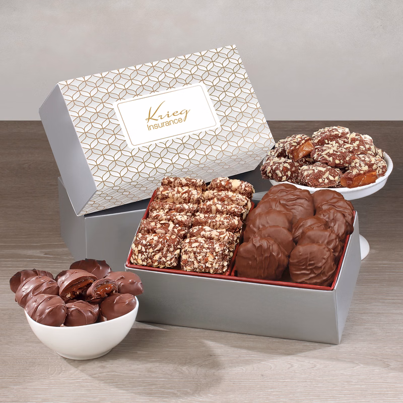 Toffee & Pecan Clusters in Gift Box with Silver & Gold Geometric Sleeve