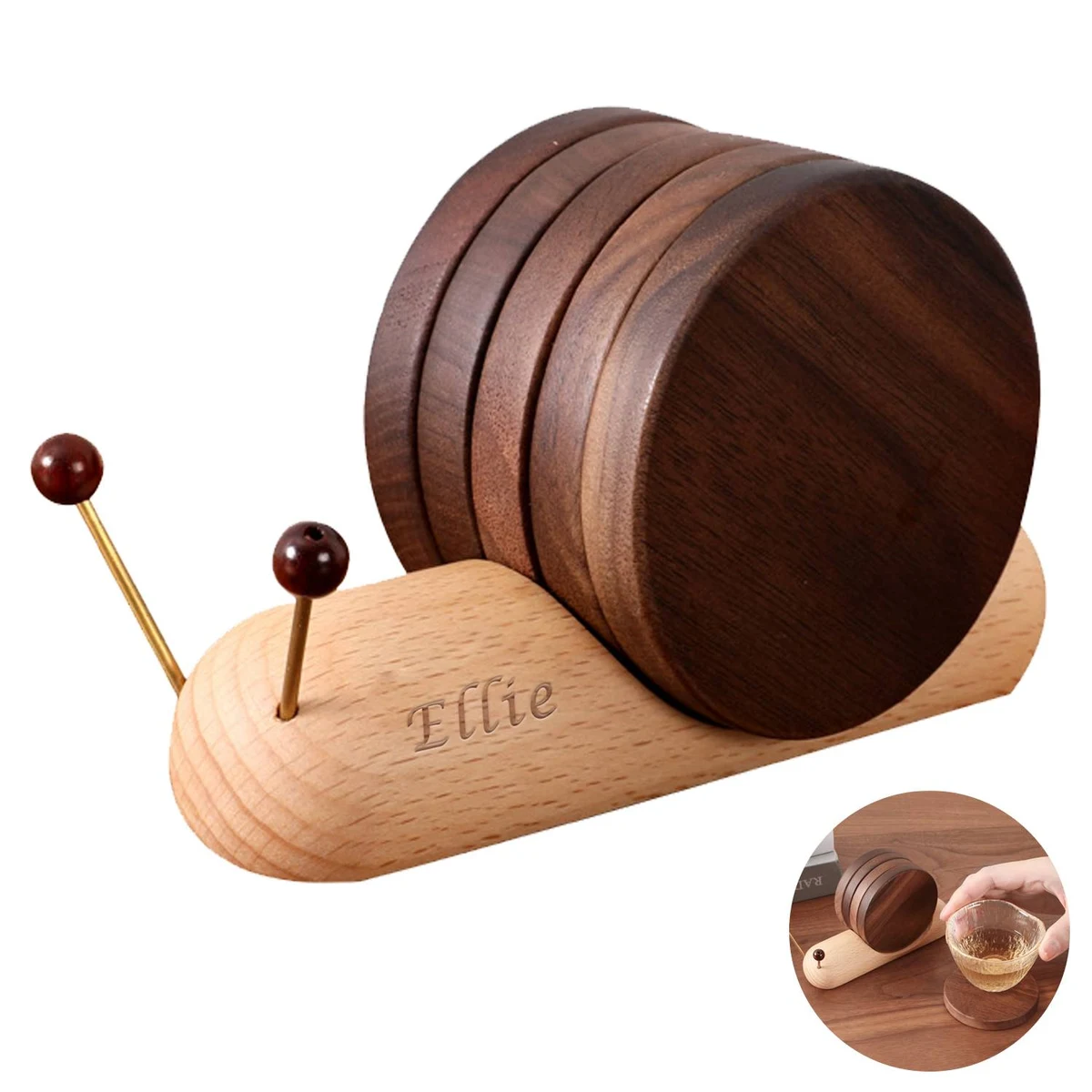 Snail shaped wooden coasters set for drinks 1
