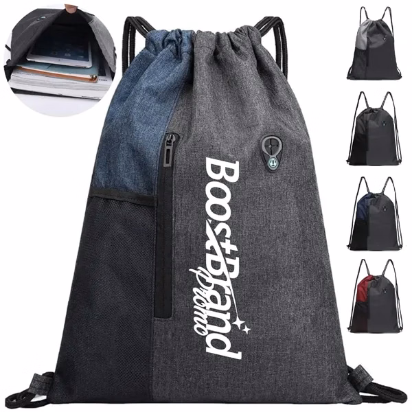 Custom Drawstring Daypack with Front Zippered Pocket — Full-Color School Backpack