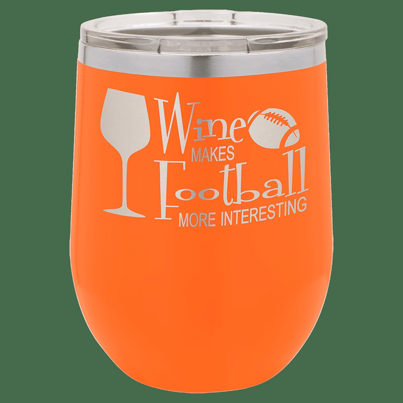 12 oz. Orange Laser Engraved Polar Camel Stemless Wine Tumbler w/Clear Lid
