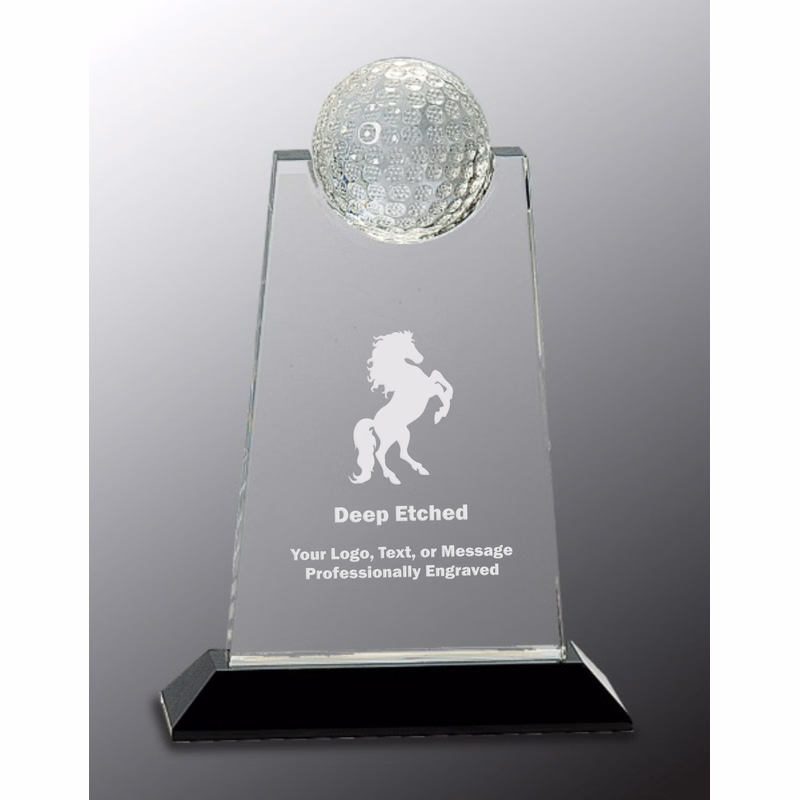 9" Clear Crystal Tablet with Inset Golf Ball on Black Pedestal Base Award
