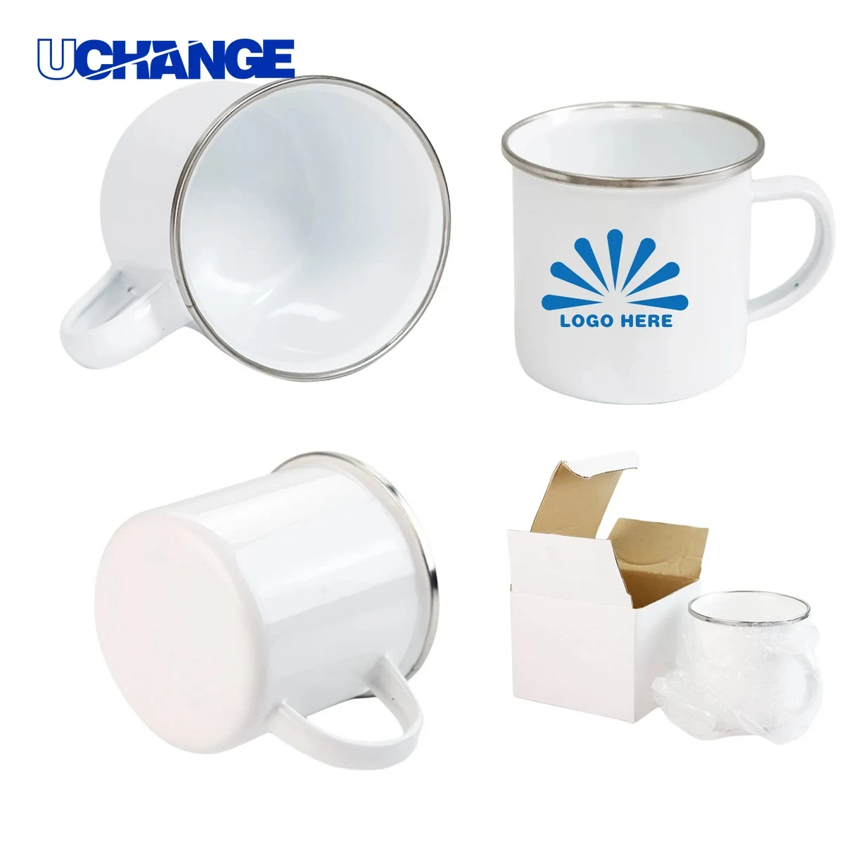 White Enamel Mug Container with Silver Rim 1