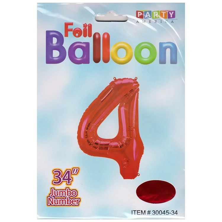 Mylar Number 4 Balloons - Red 34" 1