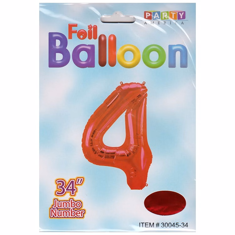 Mylar Number 4 Balloons - Red 34"