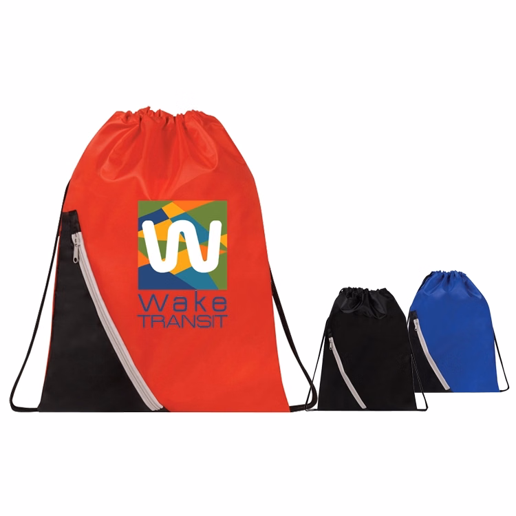 210D nylon front zipper pocket drawstring cinch backpack