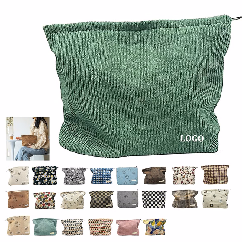 Corduroy Makeup Bag with Smiley Face