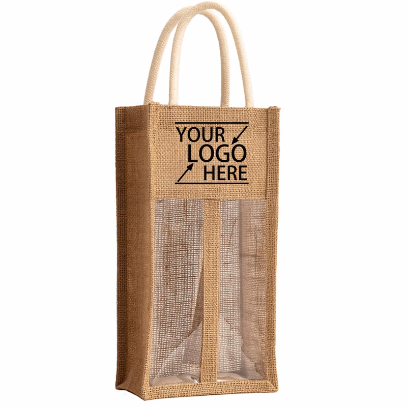 Jute Transparent Double-Bottle Wine Tote Bag