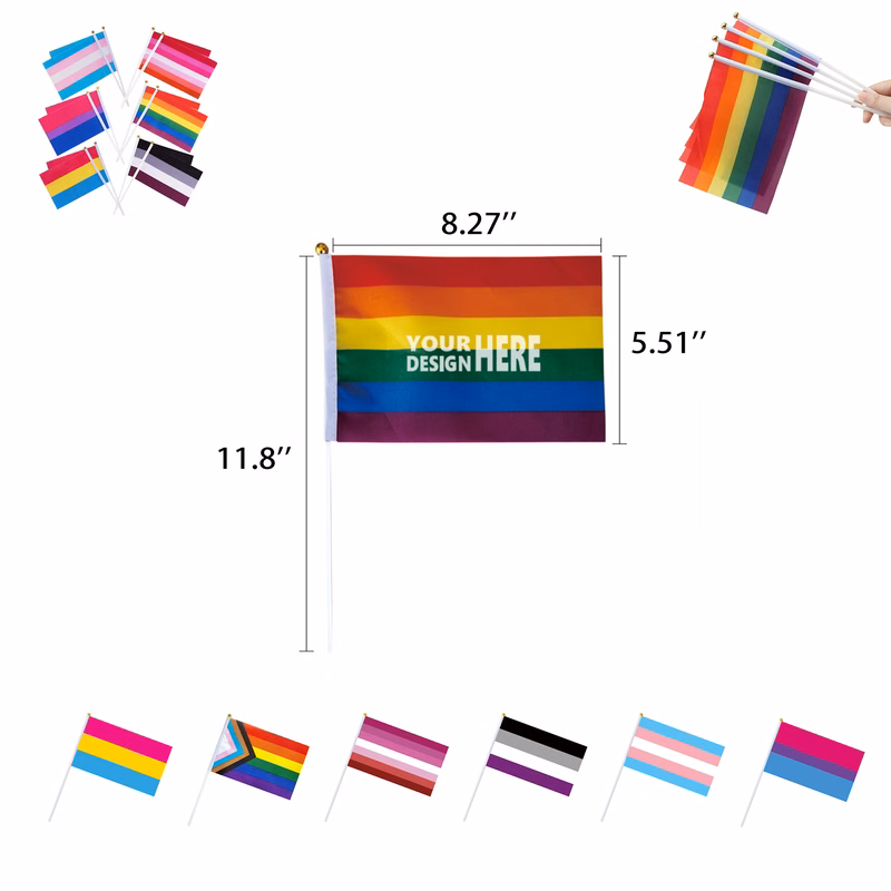 8"L??5"W Pride Rainbow Small Hand Held Stick Flag MOQ100