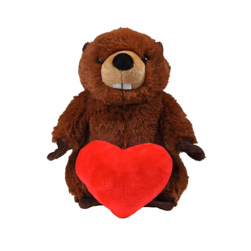 Soft Plush Sitting Beaver holding a Red Heart