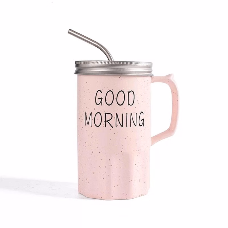 12 OZ Ceramic Coffee Cup with Lid and Straw