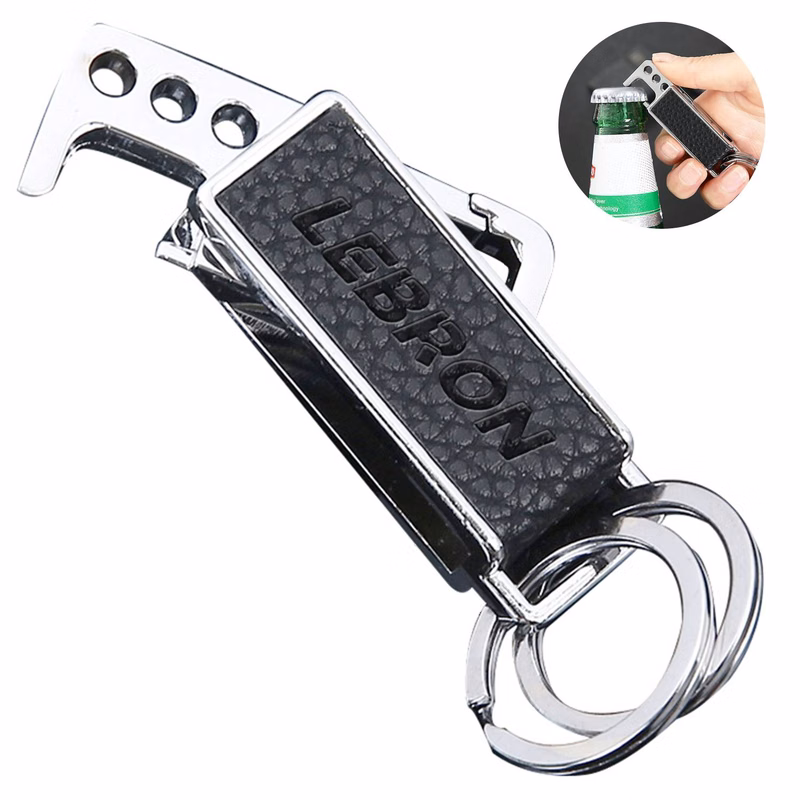 Metal Genuine Leather Keychain with Bottle Opener