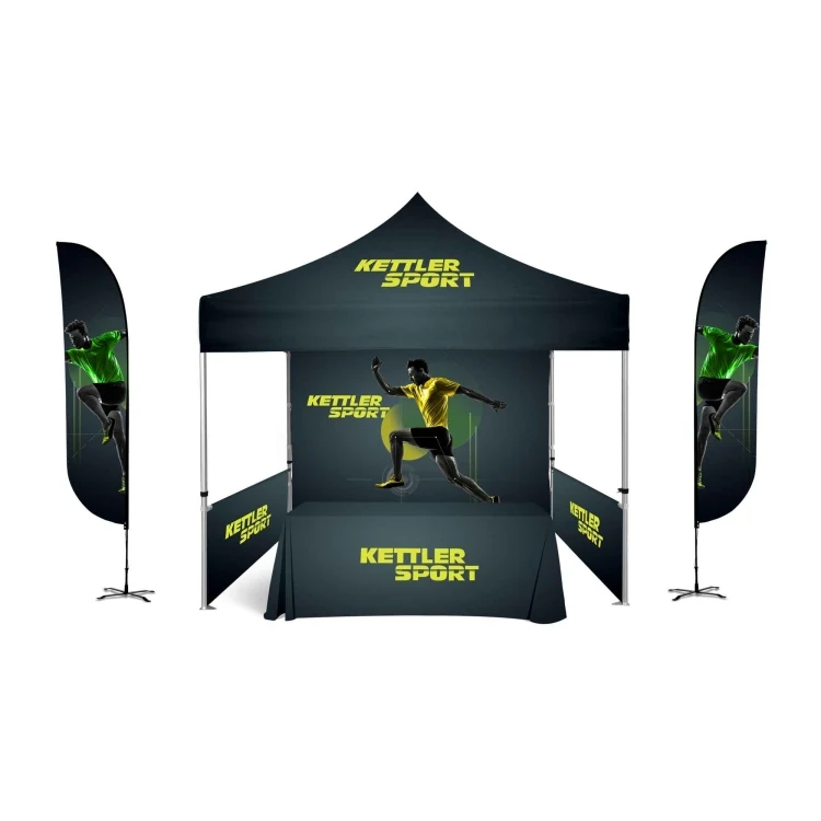 10x10ft Premium Kit-Black Steel Frame Tent, Rear Wall w/2 Half Side Walls & two 12ft Feather Flags 1