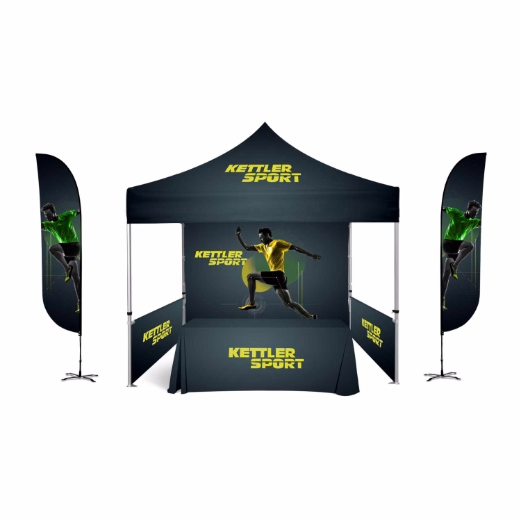 10x10ft Premium Kit-Black Steel Frame Tent, Rear Wall w/2 Half Side Walls & two 12ft Feather Flags