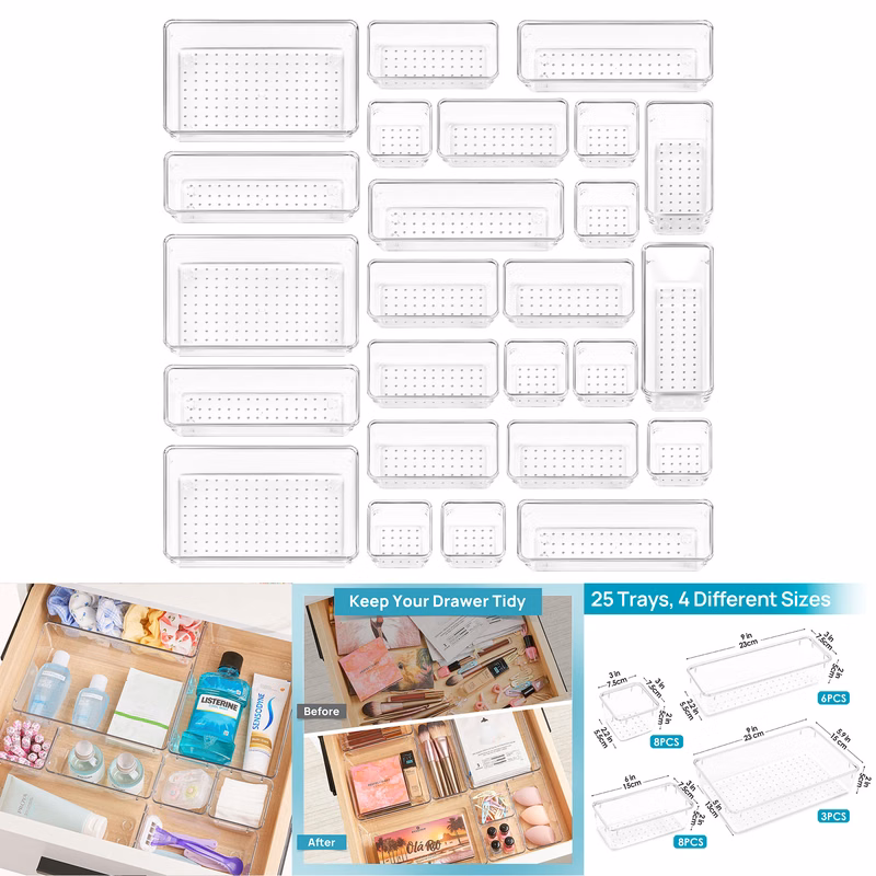 25 PCS Clear Plastic Drawer Organizers Set