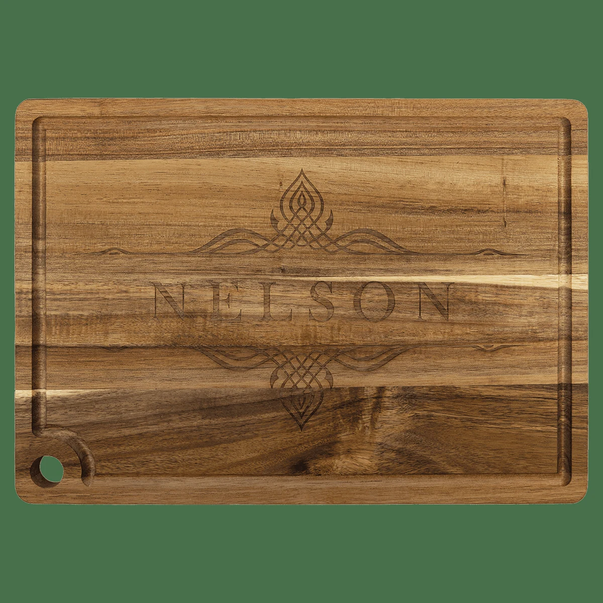 13 3/4" x 9 3/4" Acacia Cutting Board with Drip Ring and Corner Hole 1