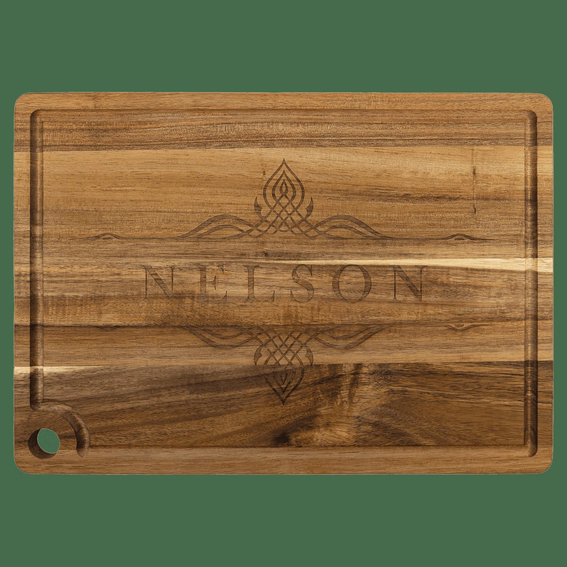 13 3/4" x 9 3/4" Acacia Cutting Board with Drip Ring and Corner Hole