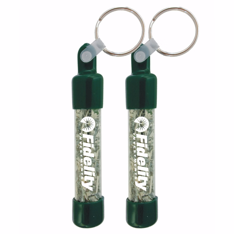 Recycled Cylinder Shaped Key Chain - Filled with Shredded Genuine Currency