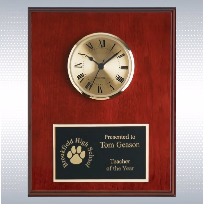 Mahogany Finish Solid Wood Plaque W/ Clock (8" X 10")
