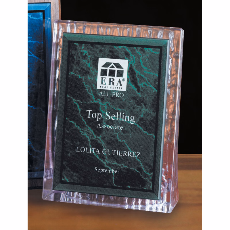Sculpted Ice Plaque w/Acrylic Stand & Marbelized Acrylic Plate