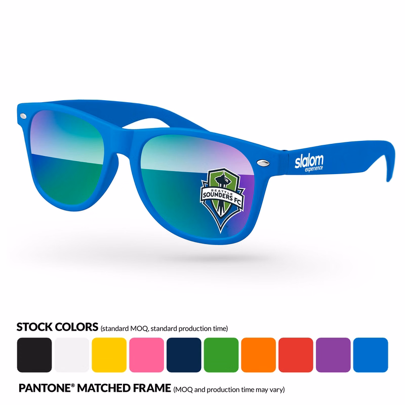 Retro Mirror Sunglasses w/ Full Colors Lens Imprint & 1 Color Temple Imprint