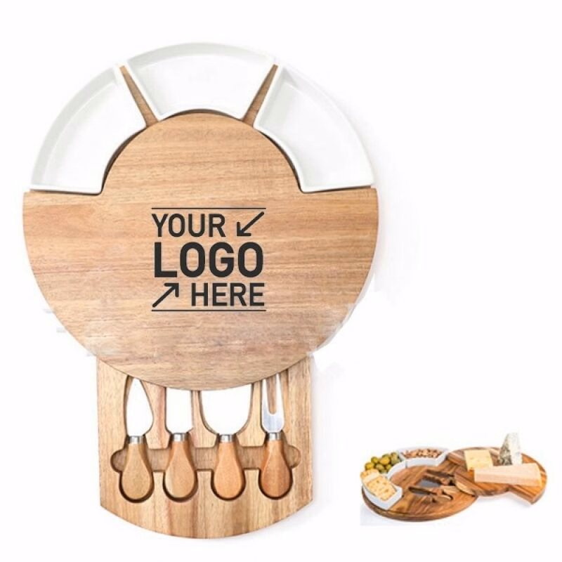 Bamboo Cheese Board Set, 4 Knives and 3 Bowls Server Plate