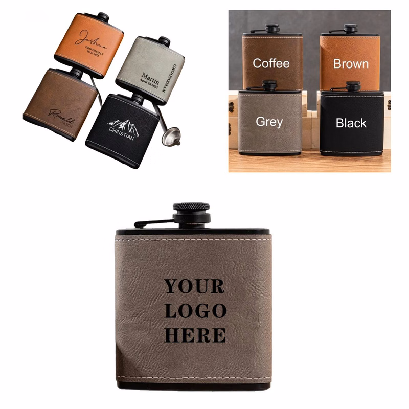 Promotional 6oz Portable Leather Wine Jug With Custom Laser Logo For Corporate Gifting