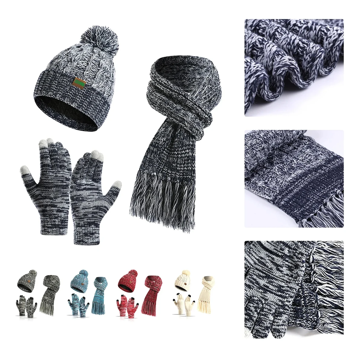 Winter Knit Hat Scarf Touchscreen Gloves Set 1