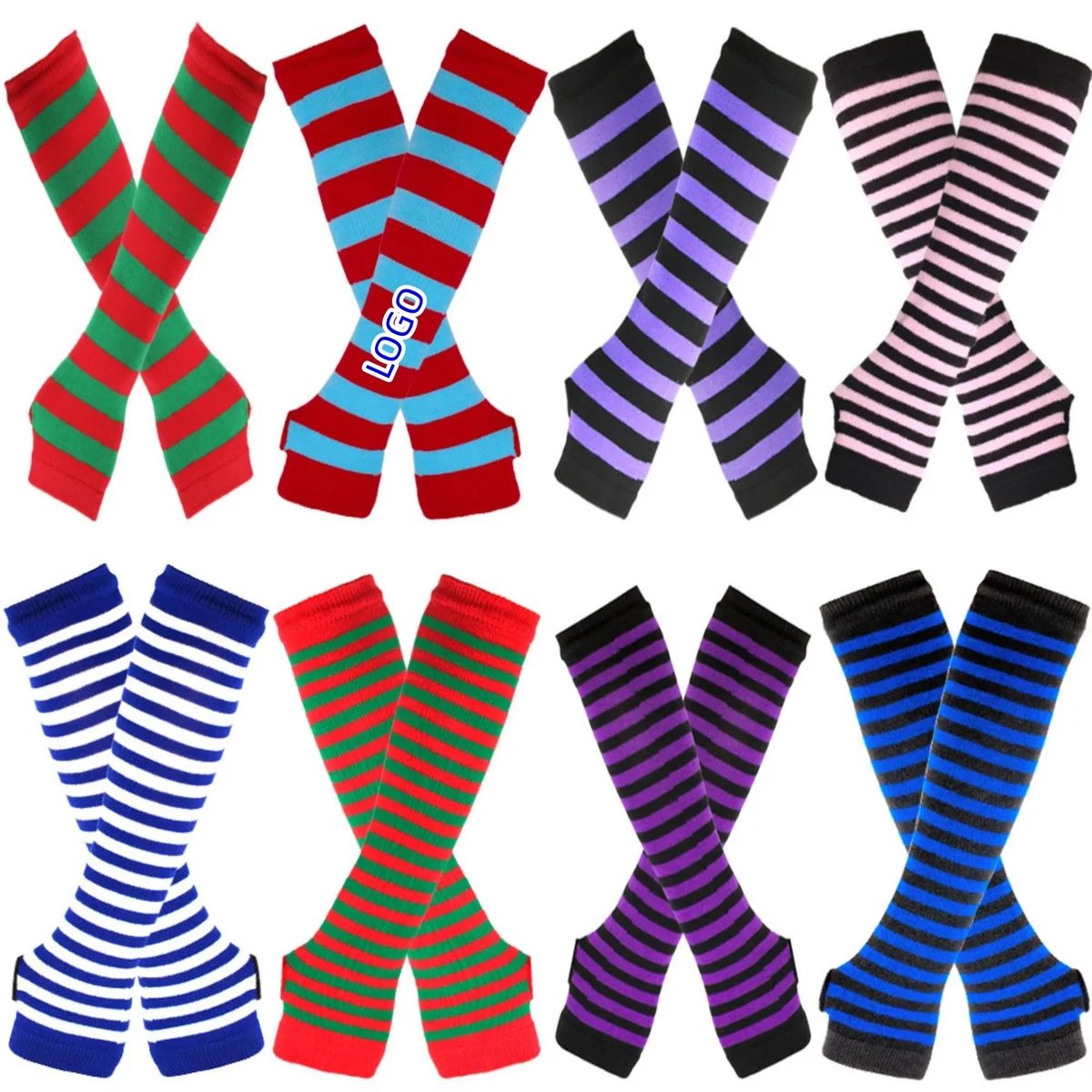 Full Color Knit Arm Stripe Warmer Gloves 1
