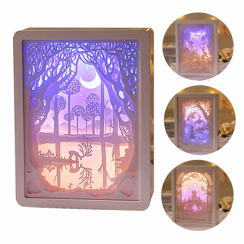 3D Paper Carving Night Light Shadow Box Sculptures Frame