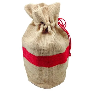 Natural soft jute drawstring gift/wine drawstring pouch (red accent) 1