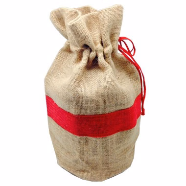 Natural soft jute drawstring gift/wine drawstring pouch (red accent)