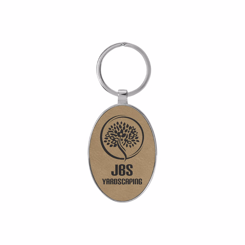 Light Brown Leatherette/Metal Oval Keychain