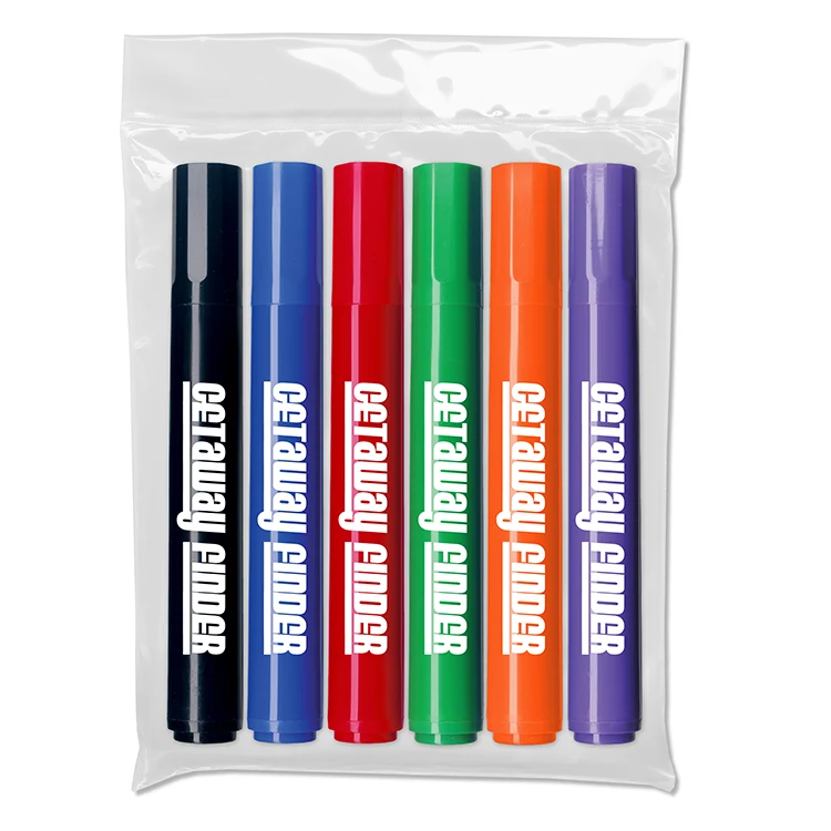 Six Pack of Chisel Tip Permanent Markers in a Plastic Pouch - USA Union Made 1