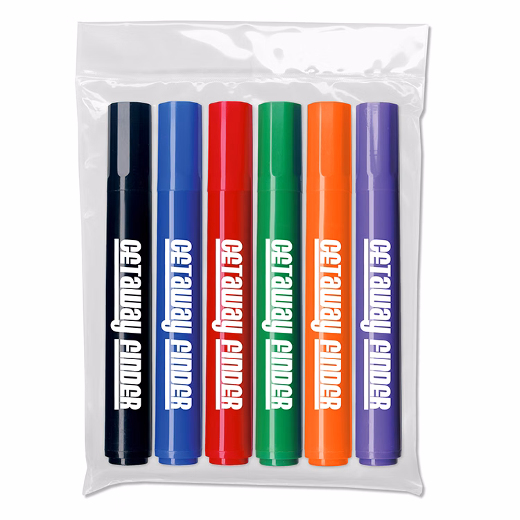 Six Pack of Chisel Tip Permanent Markers in a Plastic Pouch - USA Union Made