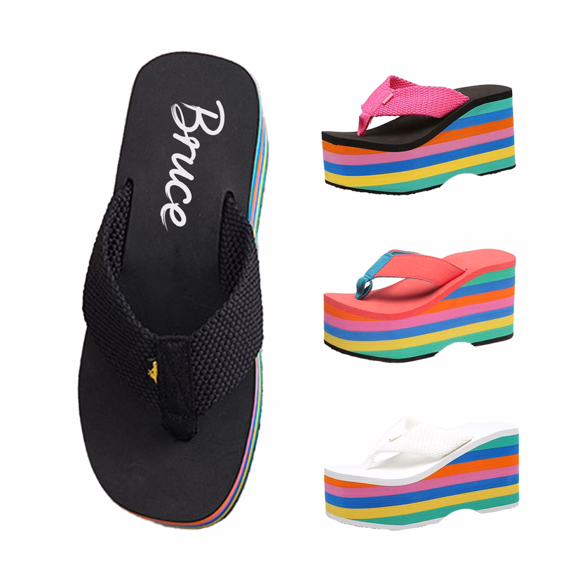 Women Rainbow Wedge Flip Flops w/ Fabric Strap
