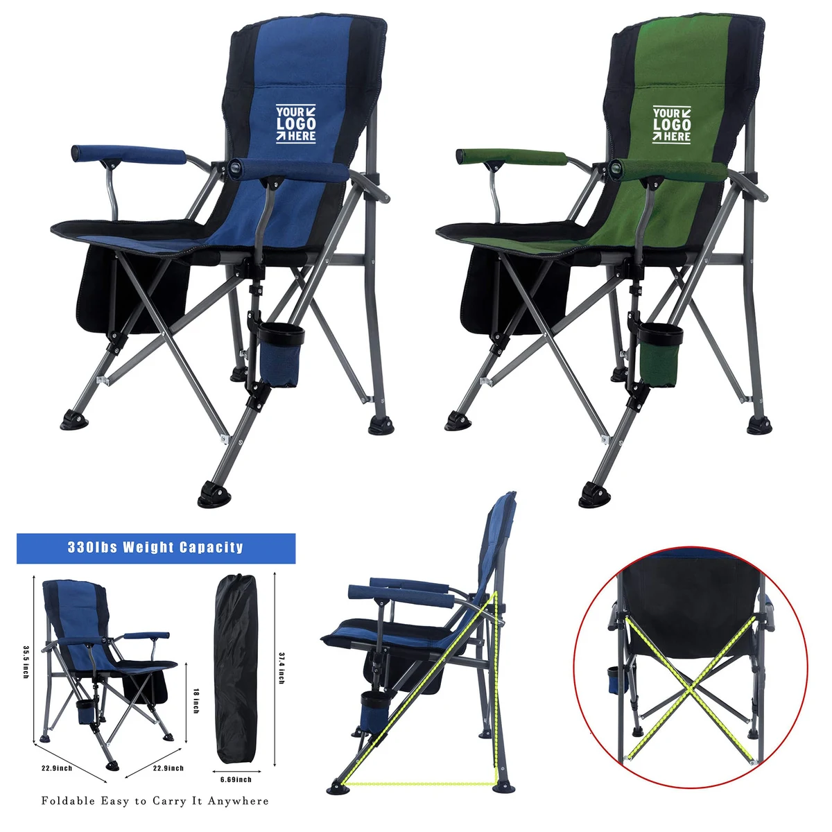 Portable Camping Folding Heavy Duty Support 330 lbs Outdoor Large Chair with Armrest Storage Bag 1