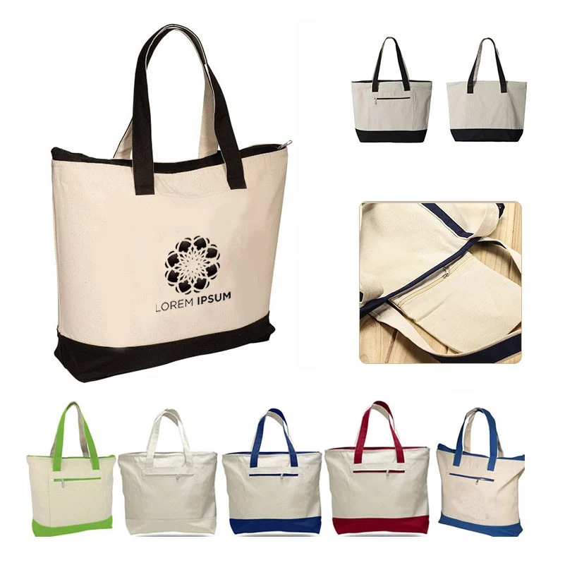 Large Heavy Reusable Cotton Zippered Tote Bags, custom tote bag with logo imprint 1
