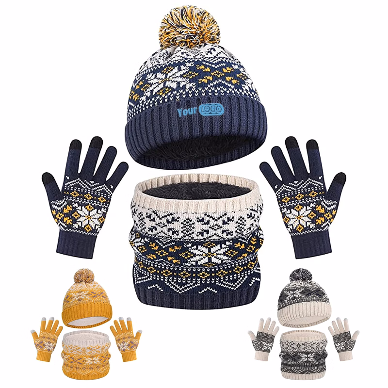 Acrylic Children's Warm Knitted Hat, Scarf, Gloves, Three Pi