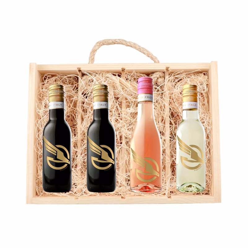 Rustic Laser-Engraved Wood Box with 4 Etched Mini Wines