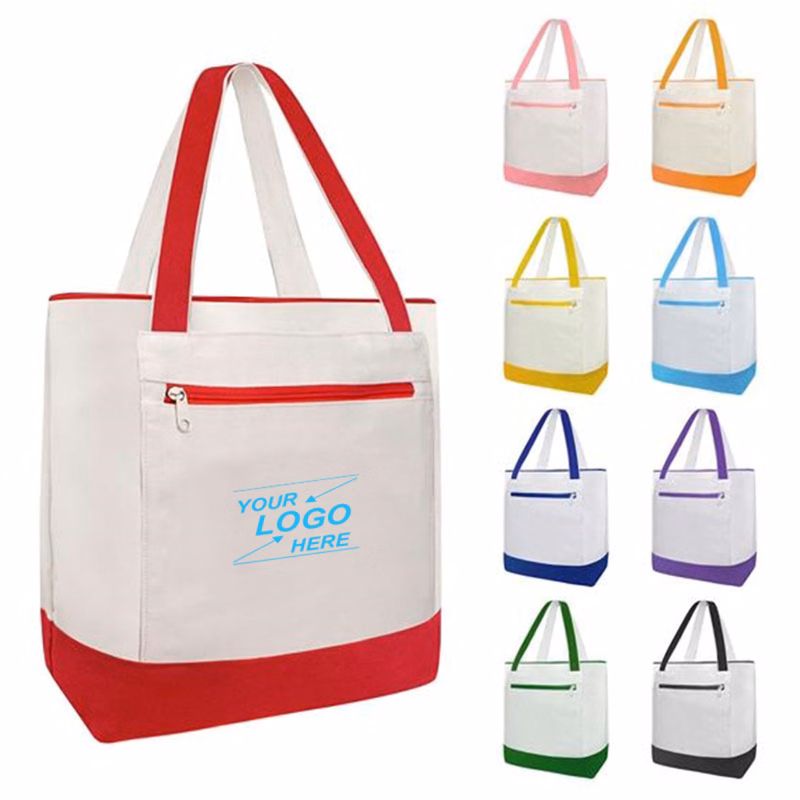Zippered Canvas Tote Bag with Front Pocket