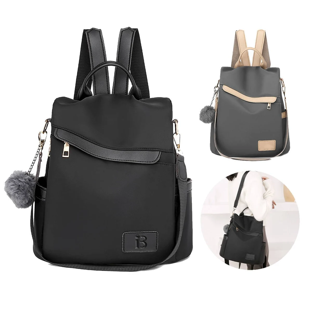 Nylon Waterproof Backpack w/ Plush Ball Pendant 1
