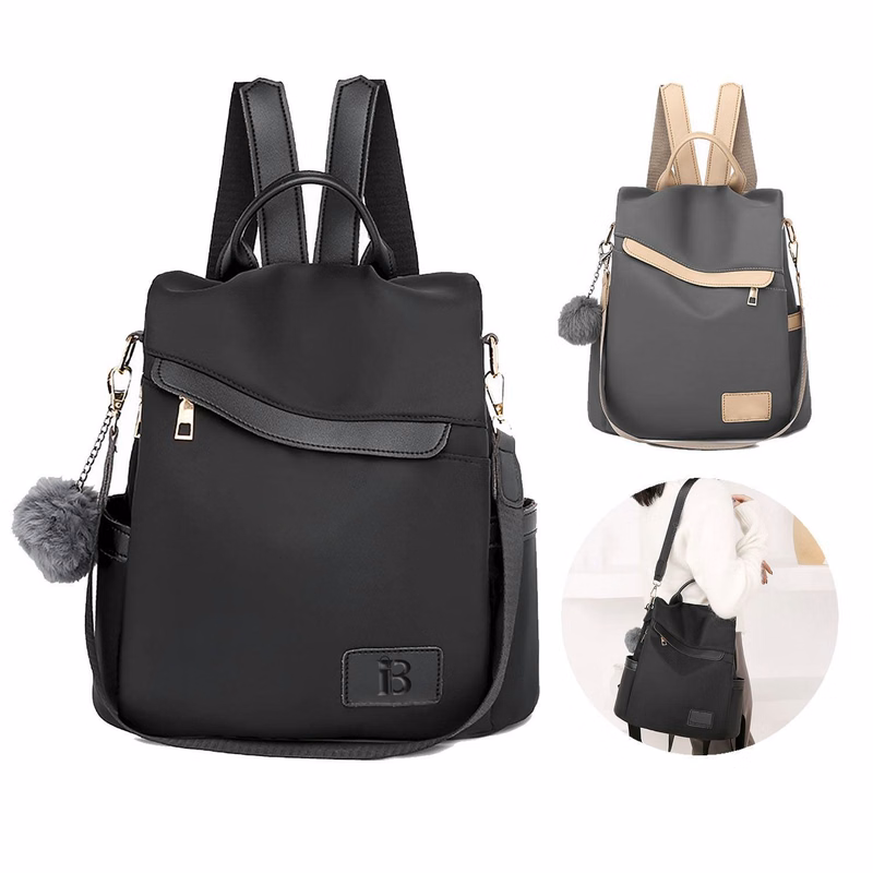 Nylon Waterproof Backpack w/ Plush Ball Pendant