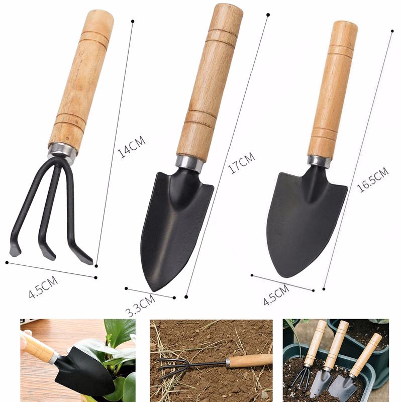 Mini 3 PCS Gardening Tool Set Wood Handle Durable Spade Shovel Rake for Plant