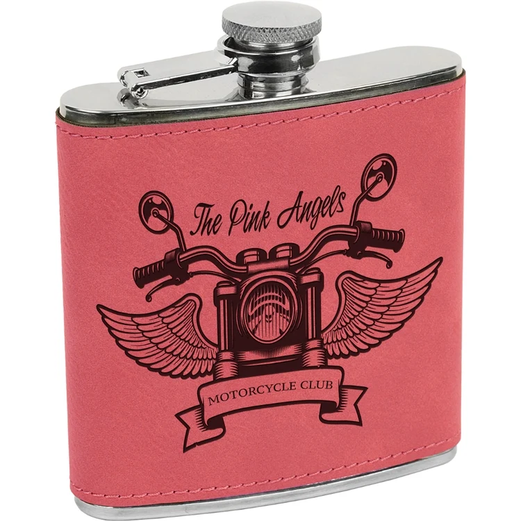 Laser Engraved Leatherette Covered Stainless Steel Flask - Pink 1