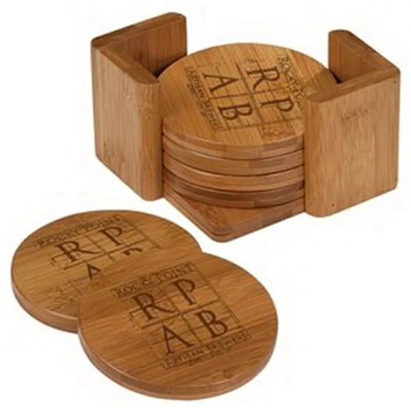 Bamboo 6 Round Coaster Set w/Holder 1
