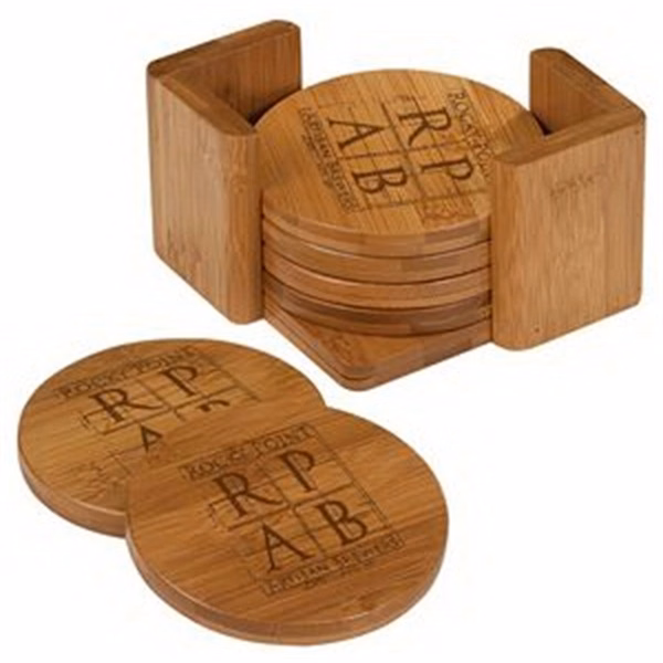 Bamboo 6 Round Coaster Set w/Holder