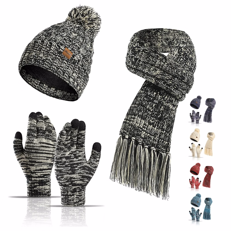 3 Piece Cable Knitted Hat Gloves & Scarf Winter Set