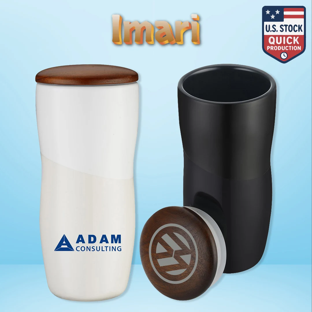 Imari Double Walled 12oz Ceramic Tumbler with Two-Tone Design and Wood Lid 1