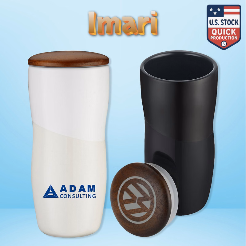 Imari Double Walled 12oz Ceramic Tumbler with Two-Tone Design and Wood Lid