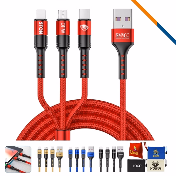 Custom Nylon 3in1 49-Inch Charging Cable — 5.0A Fast Device Promo Charger